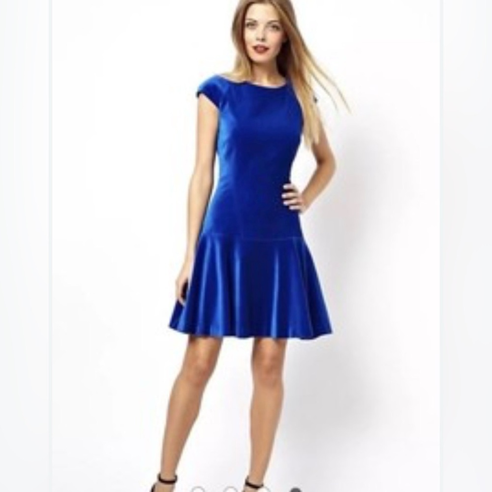Ted Baker Royal Blue Velvet Drop Waist Pleated Mini Dress Cap Sleeve Size‎ 2